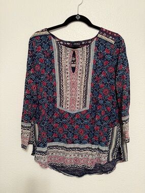 Lucky Brand Navy and Red Floral Tunic Top Size L